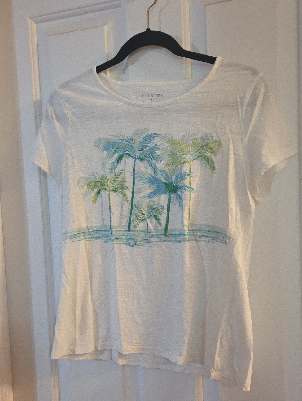 Talbots White Tee with Blue-Green Palm Print Tee Small